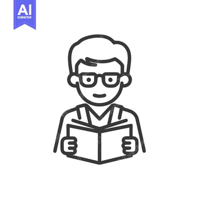 Focused Young Scholar Reading a Book, Minimalist Outline Vector Icon