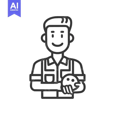 Smiling Bowler in Classic Shirt Holding Ball, Simple Line Art Icon