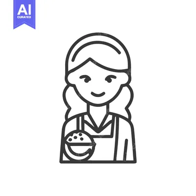 Popular premium asset: Friendly Woman in Apron Holding a Bowl of Fresh Food, Minimalist Line