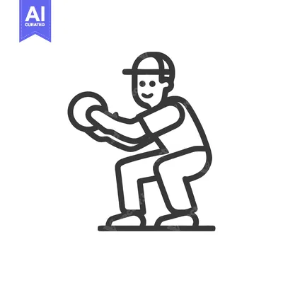 Aset desain premium: Minimalist Line Art Icon of a Baseball Catcher Squatting with Ball, Re