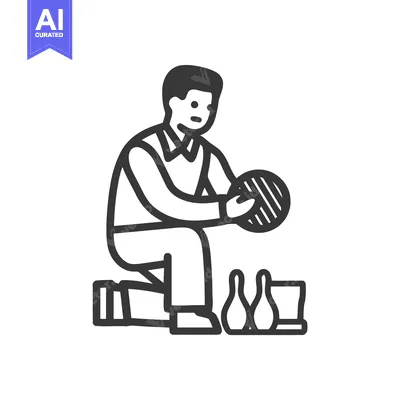 Monochrome Line Icon of a Man Kneeling to Play a Miniature Bowling Gam