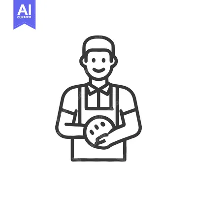Aset premium populer: Happy Bowler in Uniform Holding Ball, Minimalist Line Art Icon
