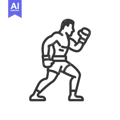 Aset desain premium: Dynamic Boxer in Fighting Stance, Bold Monochrome Line Art Icon