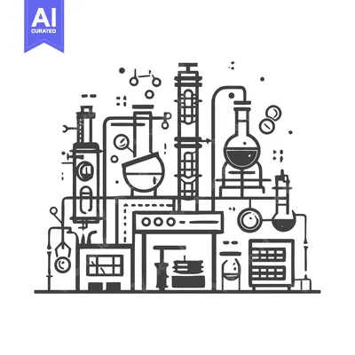 Premium design asset: Intricate Line Art of a Stylized Chemical Laboratory Contraption