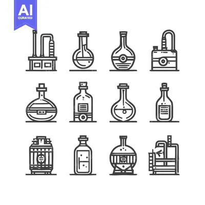 Modern Line Art Icons Depicting Distillery, Brewing, and Alchemical Ve