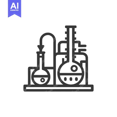 Monochrome Line Art Icon of a Chemical Plant Laboratory Setup with Fla