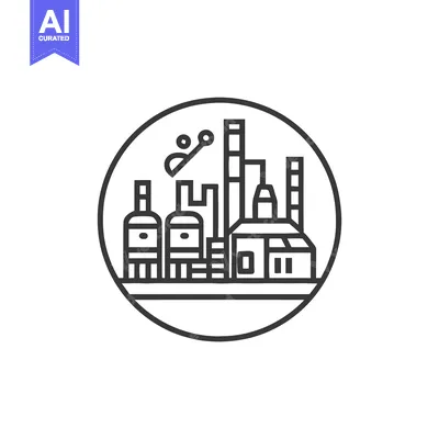 Stylized Industrial Plant Line Art Icon with Silos and Smokestacks in