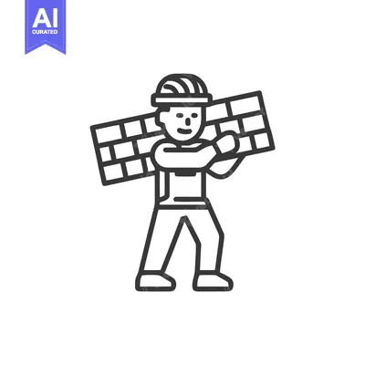 Aset desain premium: Builder in Hard Hat Carrying a Brick Wall, Minimalist Monochrome Line