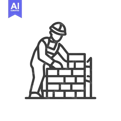 Minimalist Line Icon of a Construction Worker Building a Brick Wall