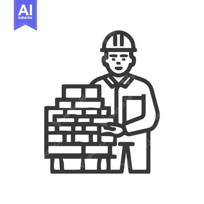 Aset desain premium: Minimalist Line Icon of a Construction Worker Holding a Stack of Brick