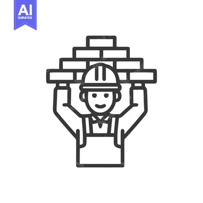 Smiling Builder Lifting a Stack of Bricks, Minimalist Line Art Icon