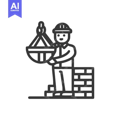 Minimalist Line Icon of a Construction Worker Building a Brick Wall wi