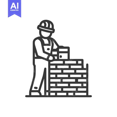 Aset premium populer: Builder in Overalls and Hard Hat Laying Bricks, Minimalist Vector