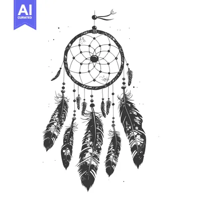 A black and white dreamcatcher with feathers hanging from it