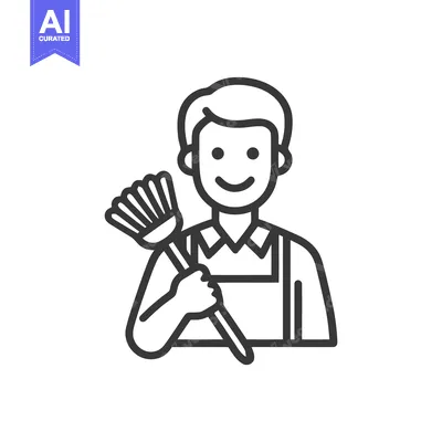 Minimalist Line Art Icon of a Smiling Cleaner Holding a Feather Duster