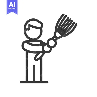 Minimalist line icon of a person with a feather duster for cleaning an