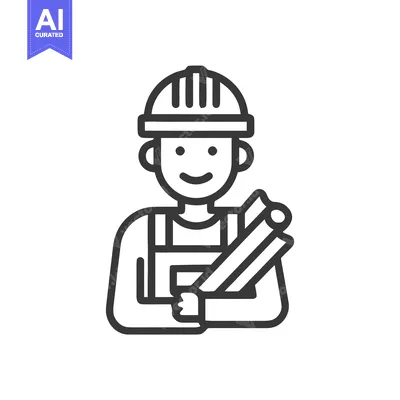 Friendly Architect in Hard Hat Holding Blueprints, Minimalist Line Art