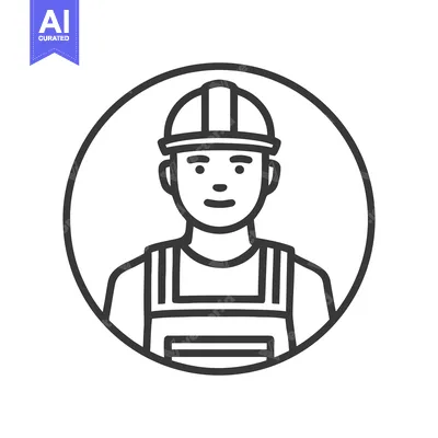 Aset desain premium: Clean Line Art Icon of a Friendly Construction Worker in a Hard Hat, a