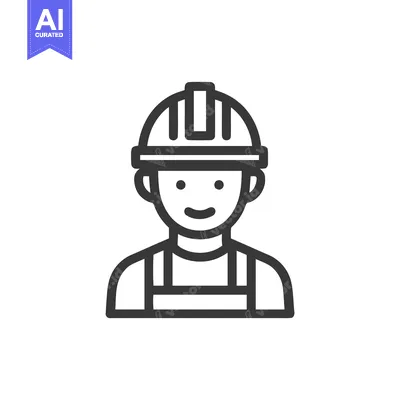 Premium design asset: Smiling Construction Worker with Hard Hat, a Minimalist Outline Icon f