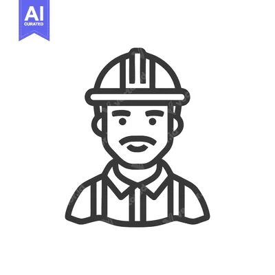 Clean Line Art Icon of a Male Builder with Mustache and Safety Hard Ha