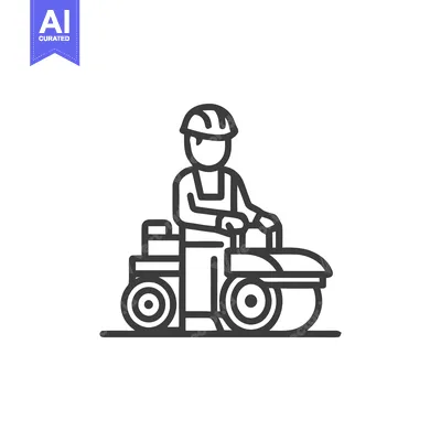 Aset premium populer: Road Worker Operating Steamroller Minimalist Outline Icon