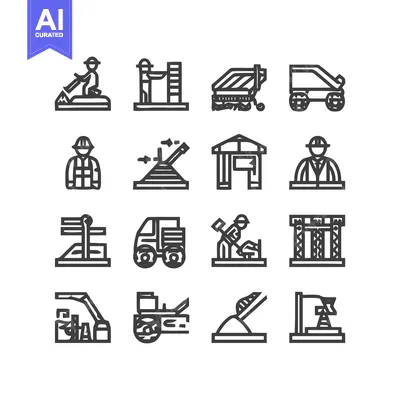 Grid of Bold Line Icons Depicting Construction and Industrial Processe