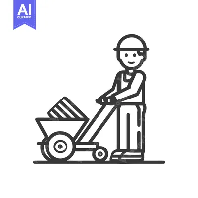 Minimalist line art icon of a smiling construction worker pushing a wh