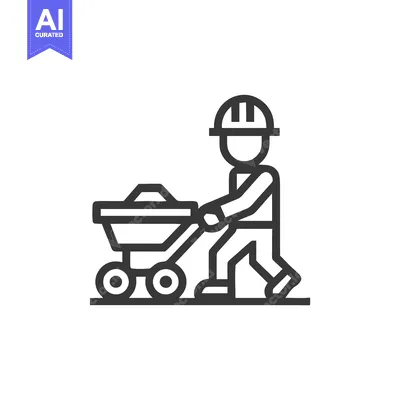 Minimalist Line Icon of a Construction Worker Pushing a Loaded Cart