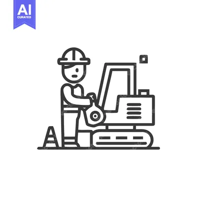 Aset desain premium: Skilled Operator with Mini Excavator, a Bold Construction Line Art Ico