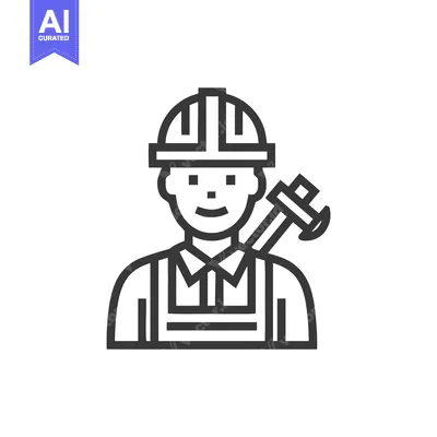 Aset desain premium: Minimalist Line Icon of a Smiling Builder with Hard Hat and Wrench
