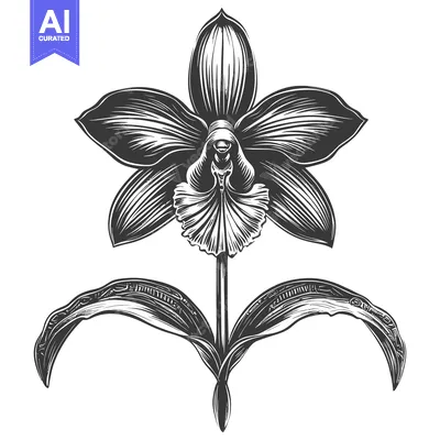 A Black and White Engraved Illustration of a Single Orchid