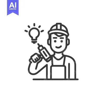 Aset desain premium: Smiling Builder with Power Tool and Bright Idea Lightbulb Line Icon