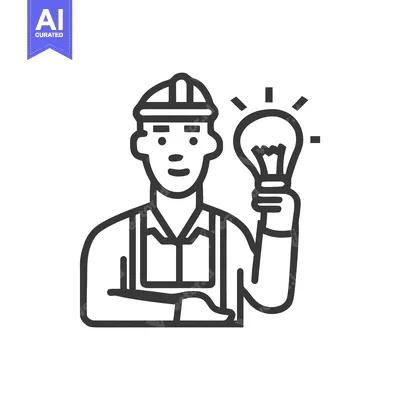 Confident Worker with Glowing Light Bulb Idea, Minimalist Line Art Ico