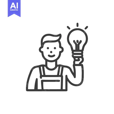 Premium design asset: Smiling Worker in Overalls Holding a Glowing Light Bulb, a Minimalist