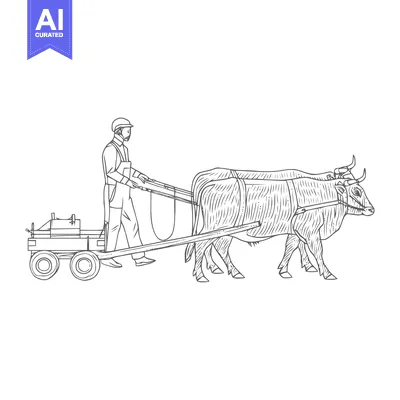 Detailed Line Art of a Worker Guiding a Team of Yoked Oxen Pulling a M