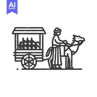 Premium design asset: Monochrome Line Art Icon of a Merchant Leading a Camel-Drawn Cart