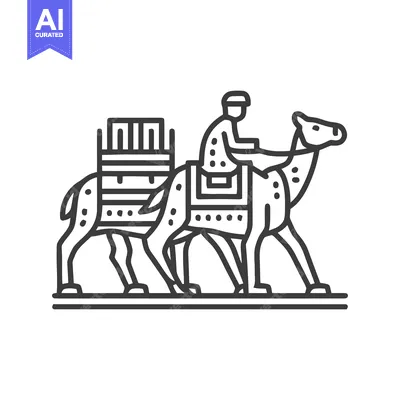 Aset desain premium: Ancient Caravan Journey: Stylized Line Art of a Rider on a Laden Drome