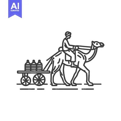 Aset desain premium: Minimalist Line Icon of a Camel Rider Transporting Goods by Cart