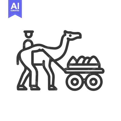 Minimalist line art of a dromedary camel pulling a two-wheeled cargo c