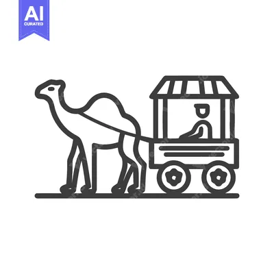 Aset premium populer: Minimalist Line Icon of a Dromedary Camel Pulling a Covered Cart