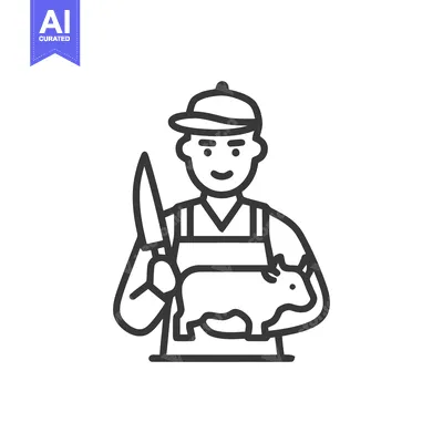 Butcher with Knife and Pig Line Art Icon - Meat Industry Professional