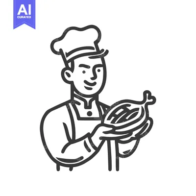 Popular premium asset: Smiling Male Chef in Hat and Apron Holding Cured Meat, Monochrome Line