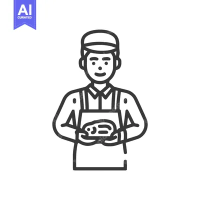 Minimalist Line Art Icon: Smiling Worker in Apron and Cap Holding a Pa