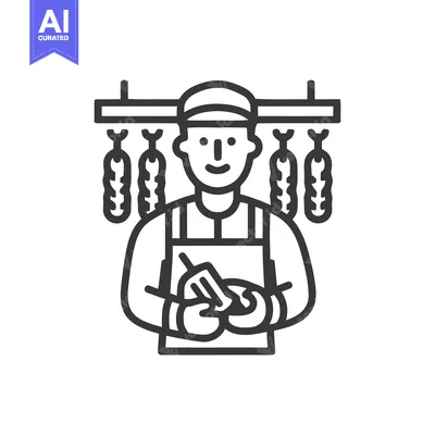 Premium design asset: Smiling Butcher Character with Knife and Hanging Sausages Line Art Ico
