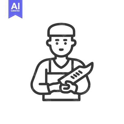 Professional Chef or Butcher Line Art Icon with Hat, Apron, and Large