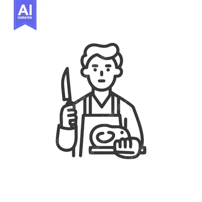 Monochrome Line Art Icon of Butcher with Knife and Meat on Board