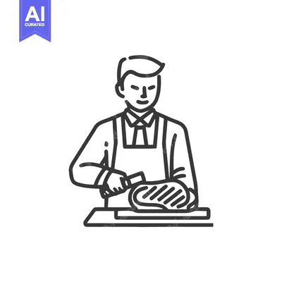 Aset premium populer: Minimalist Line Art Icon of Butcher Slicing Meat on Cutting Board, Pro