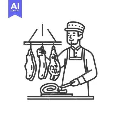 Premium design asset: Smiling Butcher in Apron Cutting Sausage, with Hanging Meats, in Clean