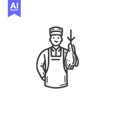 Aset premium populer: Friendly Butcher Holding Fresh Chicken with Down Arrow Line Art Icon