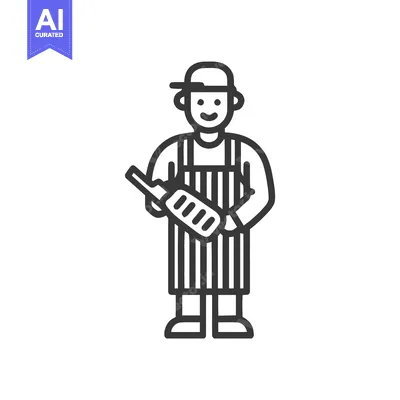 Aset desain premium: Smiling Baker or Chef Icon Holding Baguette, Wearing Striped Apron and